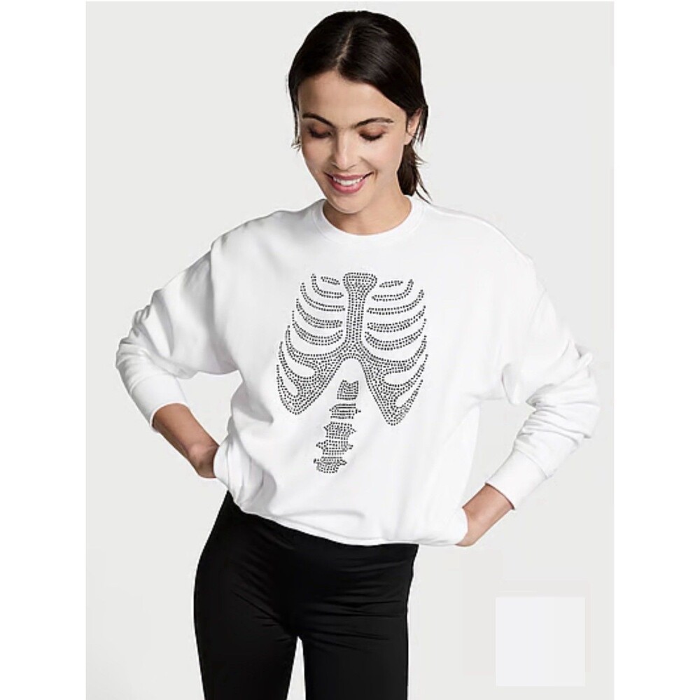 Victoria's Secret PINK Classic Skeleton Rhines Fleece Sweatshirt XL White NWT